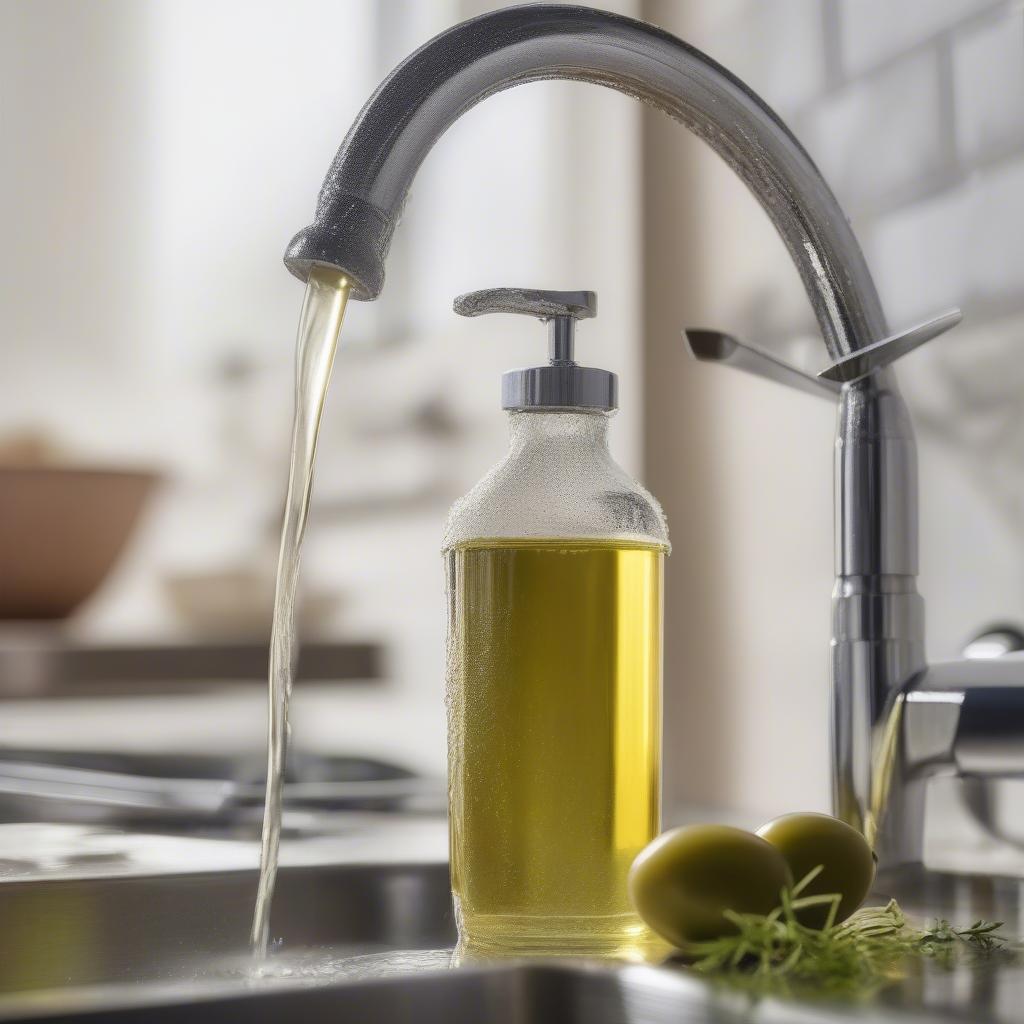 Cleaning an olive oil glass spray bottle with soapy water.