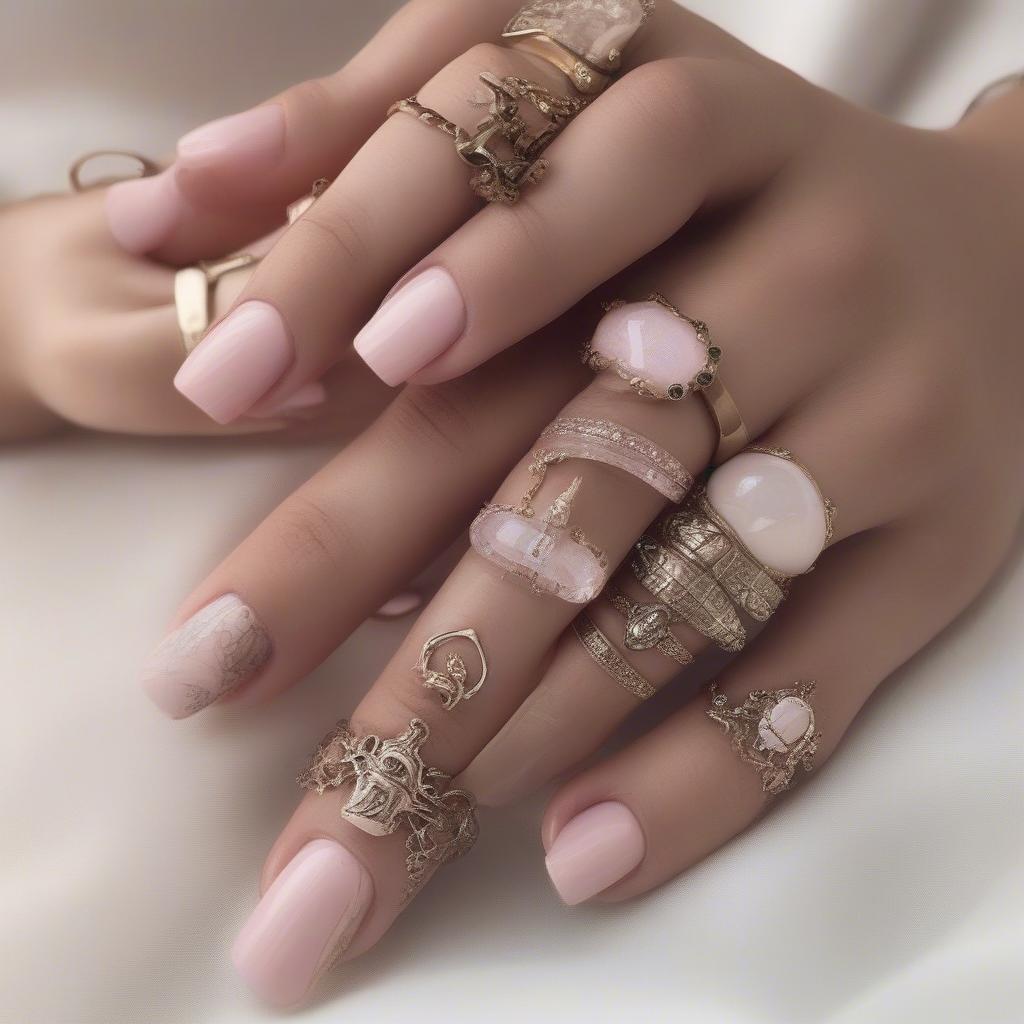 Clear pink nails adorned with zodiac rings.