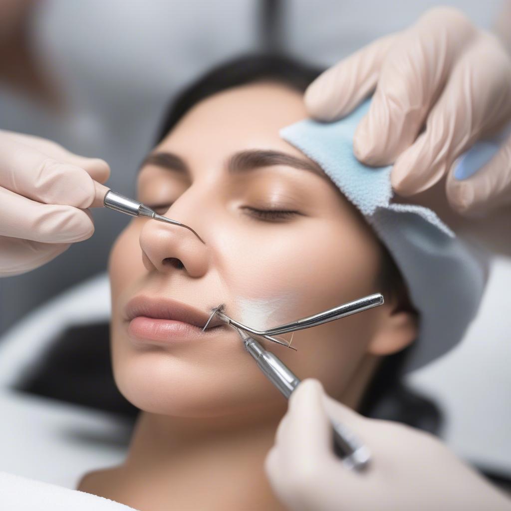 Close up of an esthetician performing an extraction during a facial