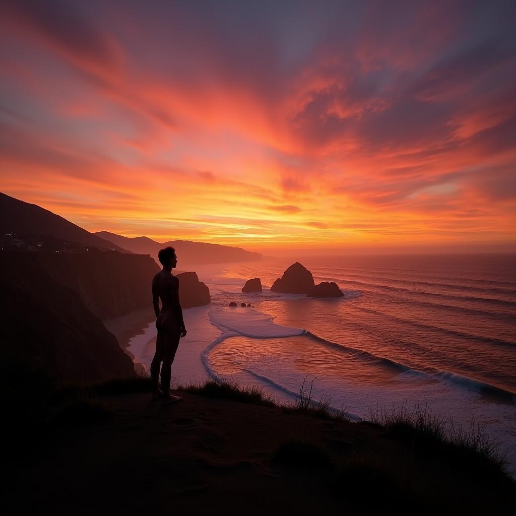 Silhouette of a person enjoying a clothing optional sunset view in Big Sur, conveying a sense of freedom, connection with nature, and inner peace.