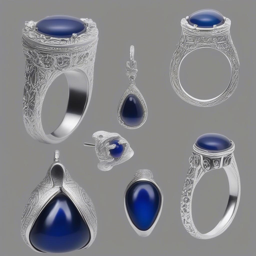 Cobalt cat's eye set in various jewelry pieces