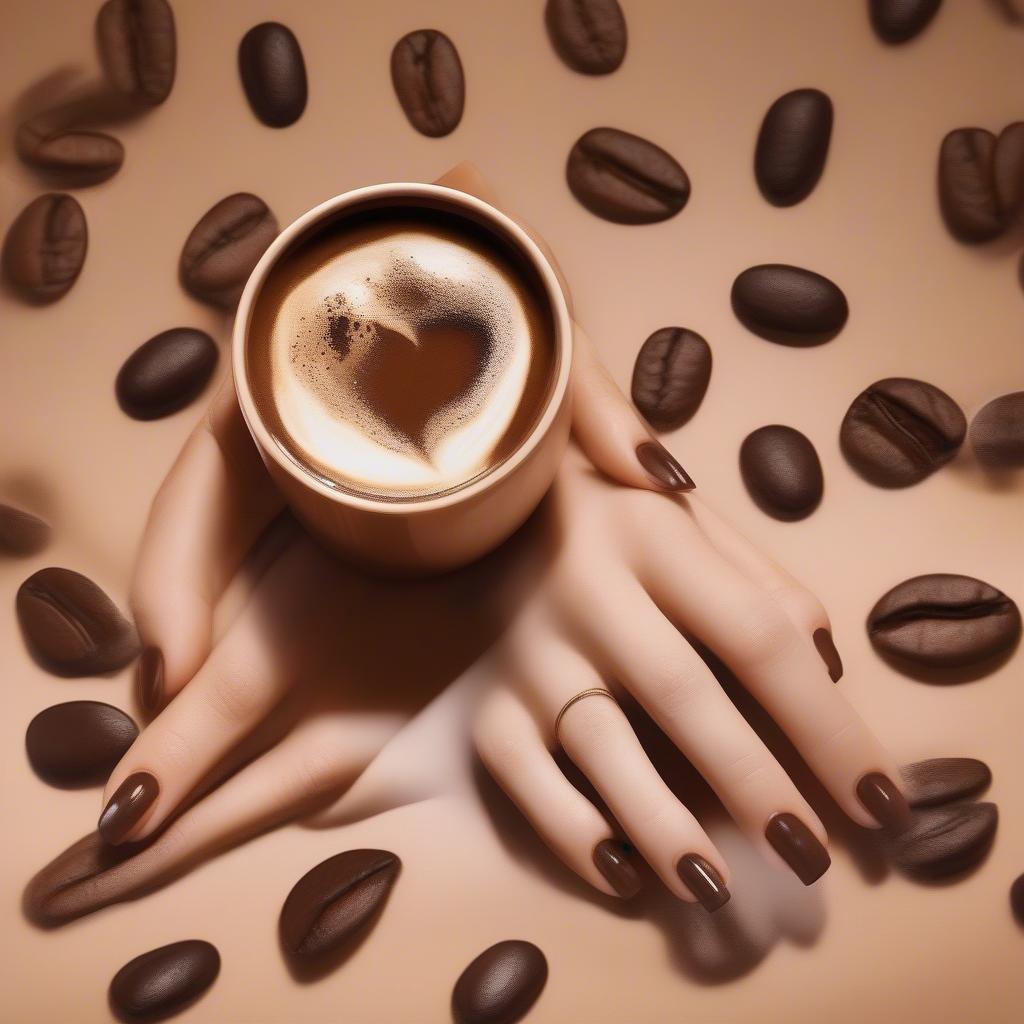 Various shades of coffee nail polish on different nail shapes