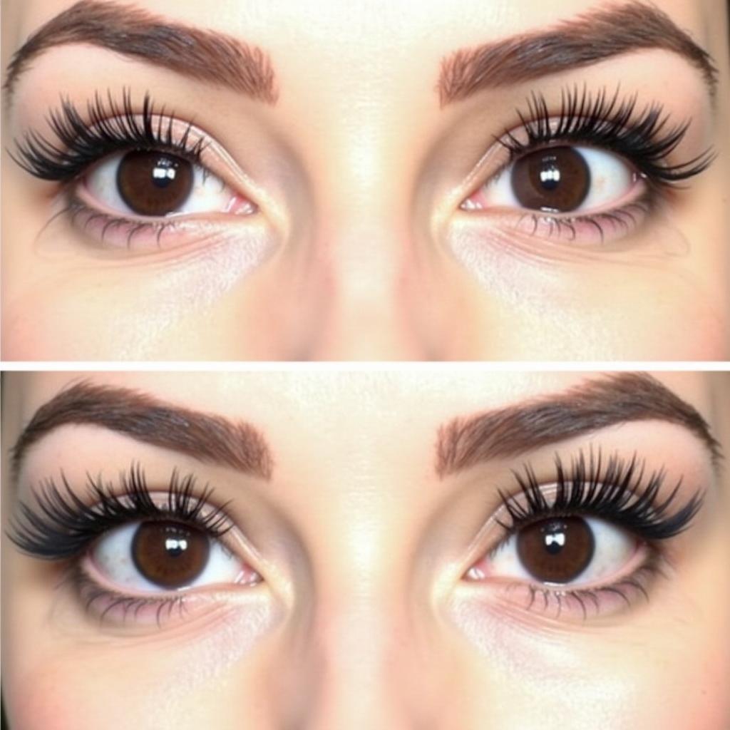 Side-by-side comparison of eyelashes after applying Tarte Lights Camera Lashes mascara and a dupe mascara.