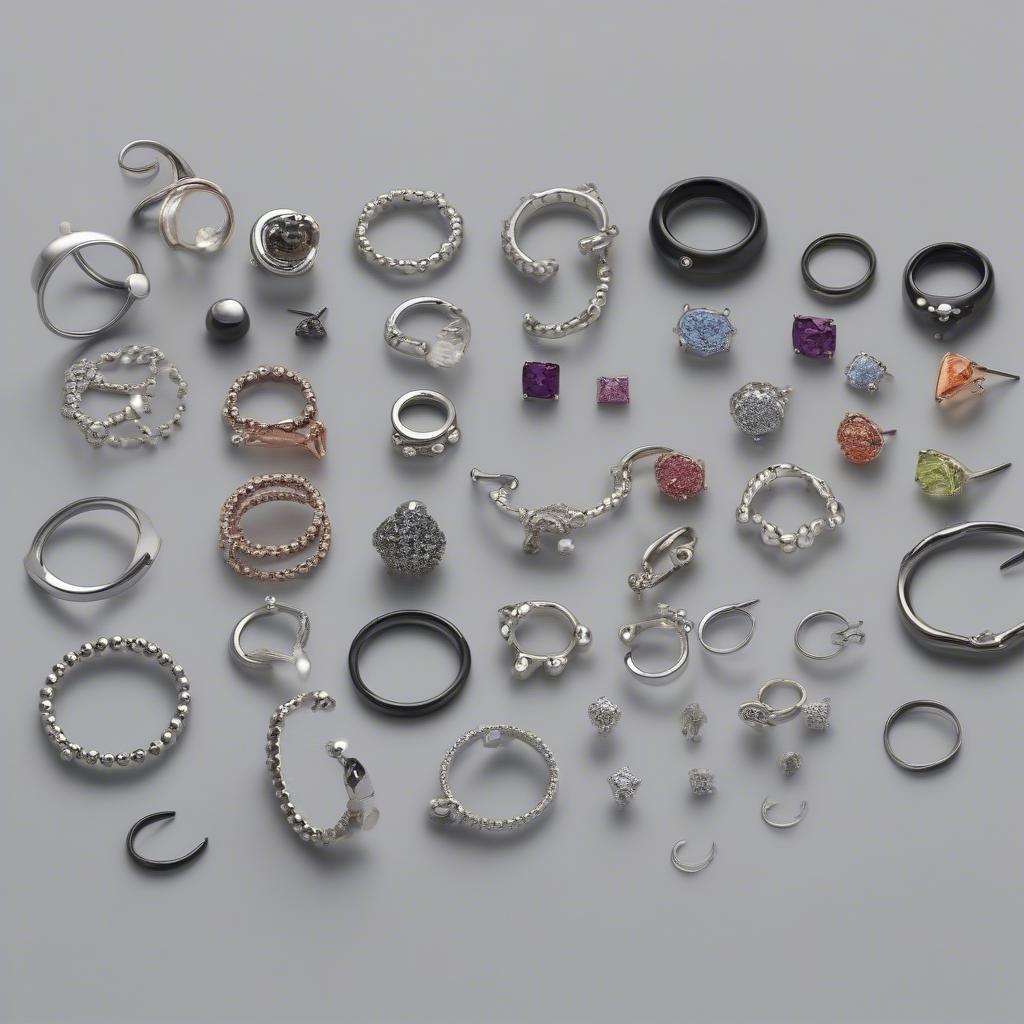 Contra Conch Jewelry Options: A display of different jewelry styles suitable for a contra conch piercing, including rings and studs in various materials.