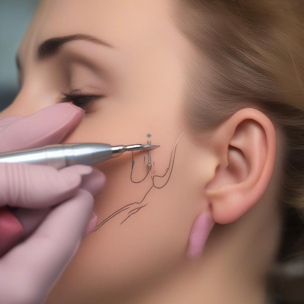 Contra Conch Piercing Procedure: A close-up of a piercer preparing the ear for a contra conch piercing, showing the marking and sterilized tools.