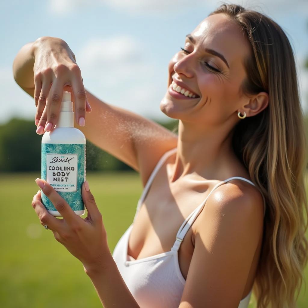 Woman spraying cooling body mist on her arms