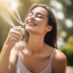 Woman applying cooling spray to her face