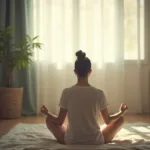 Coping with Anxiety After a Breathing Dream: A person sits calmly, meditating, with soft lighting and calming colors surrounding them, illustrating the benefits of relaxation techniques.