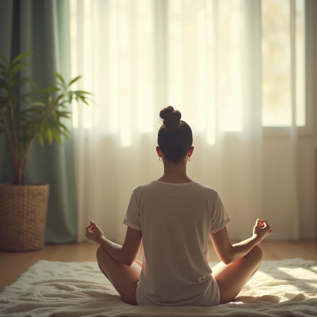 Coping with Anxiety After a Breathing Dream: A person sits calmly, meditating, with soft lighting and calming colors surrounding them, illustrating the benefits of relaxation techniques.