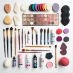 Cosplay Body Makeup Essentials: Brushes, sponges, paints, and setting powders.