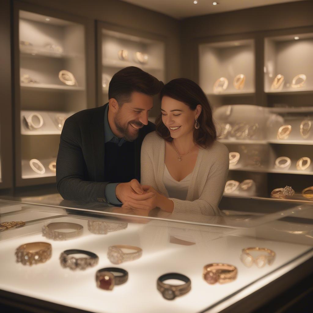 Couple browsing touch couple rings in a jewelry store