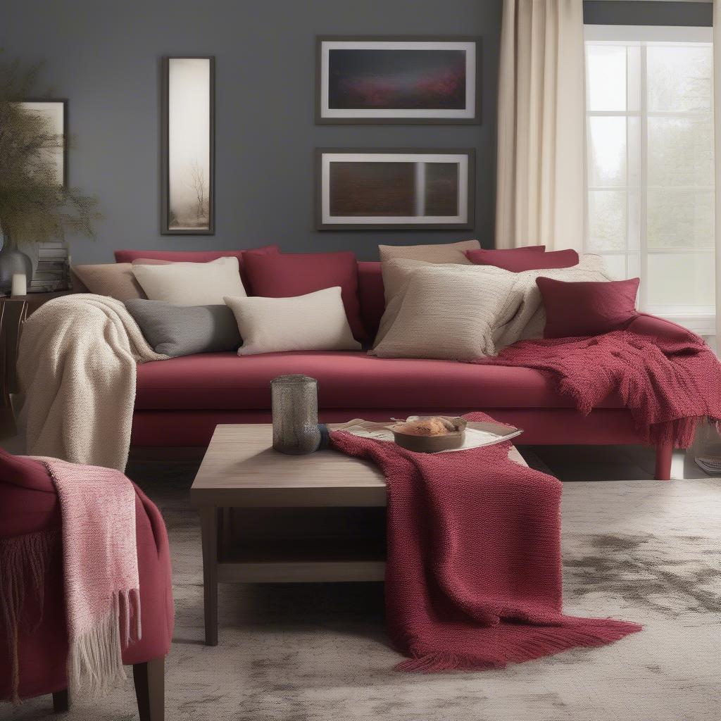 Cranberry Colored Accents in a Living Room