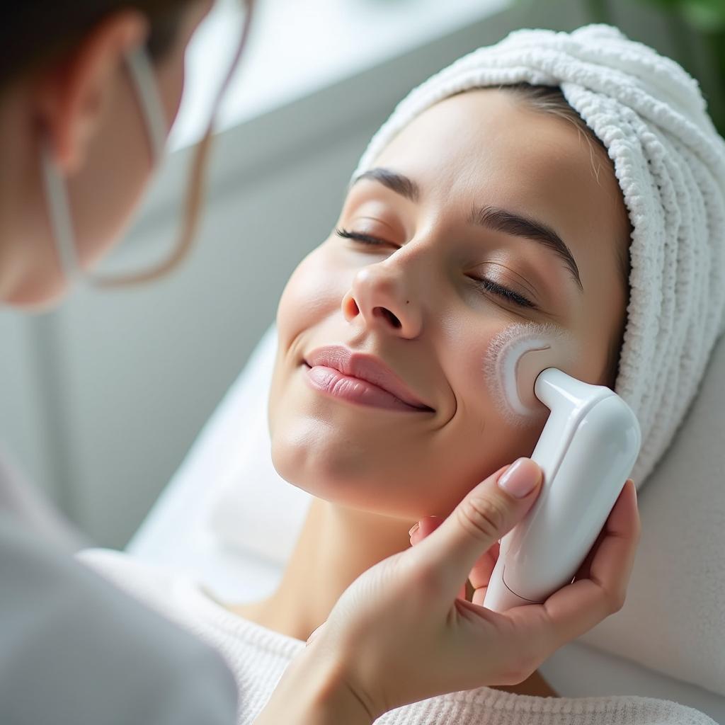 Woman undergoing cryo skin therapy session