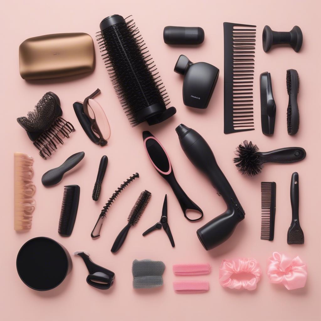 Various curly hair styling tools including a diffuser, wide-tooth comb, and curl clips.