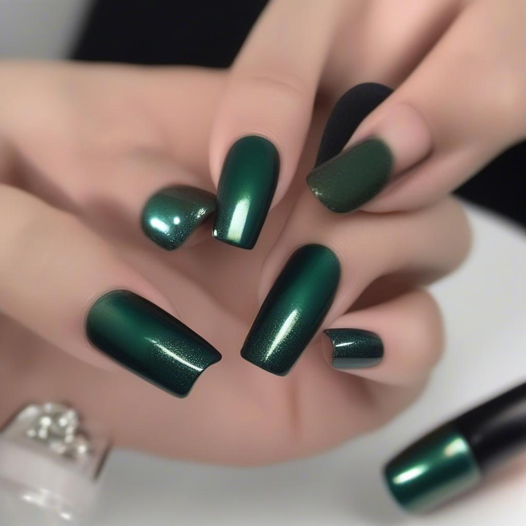 Dark green shimmer nail polish on long nails for an evening look