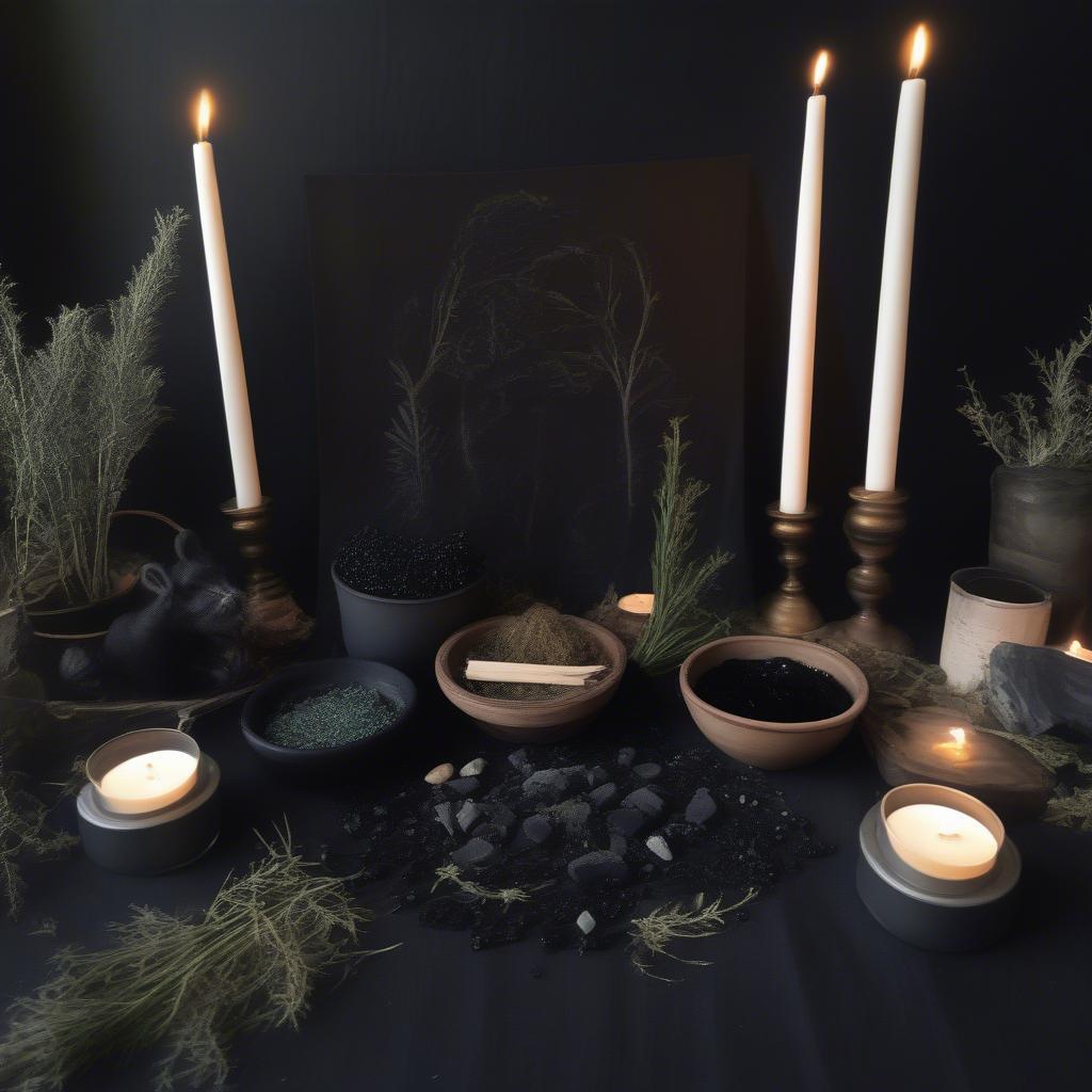 Dark Moon Altar with Crystals and Herbs