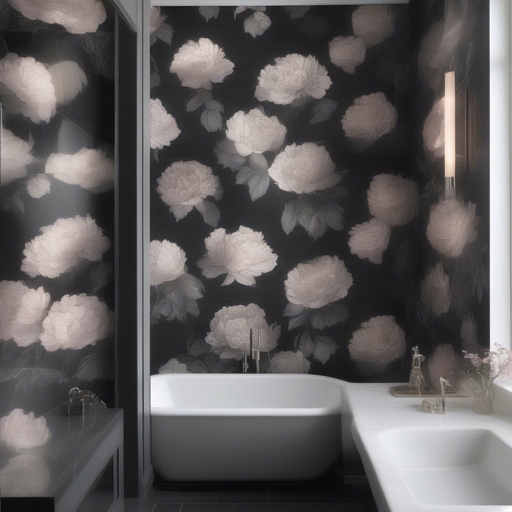 Dark peony wallpaper in a bathroom design