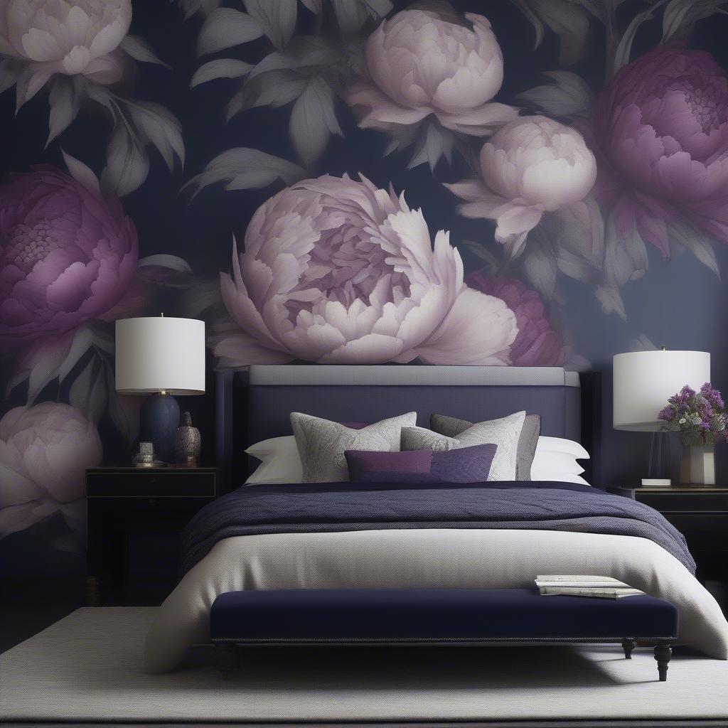 Dark peony wallpaper used as an accent wall in a bedroom