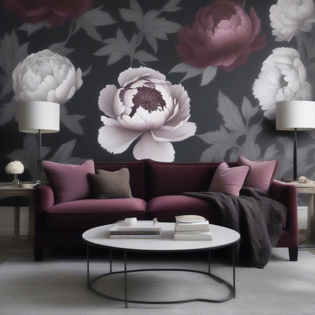 Dark peony wallpaper in a modern living room setting