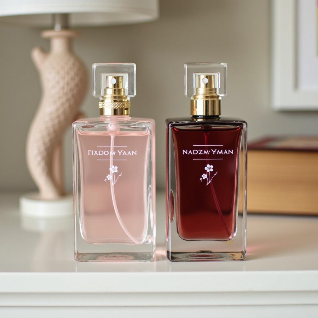 Two bottles of love cherry perfume, one for day and one for night, displayed on a dresser.