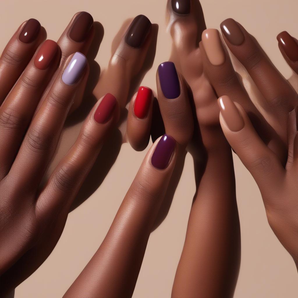 Nude gel nails on deep skin, showcasing rich browns and deep nudes with red and purple undertones.