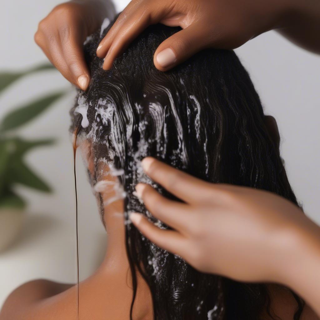 Detangler shampoo being applied to natural hair