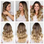 Various beach wave hairstyles achieved using wave activator spray, including braids and loose waves.