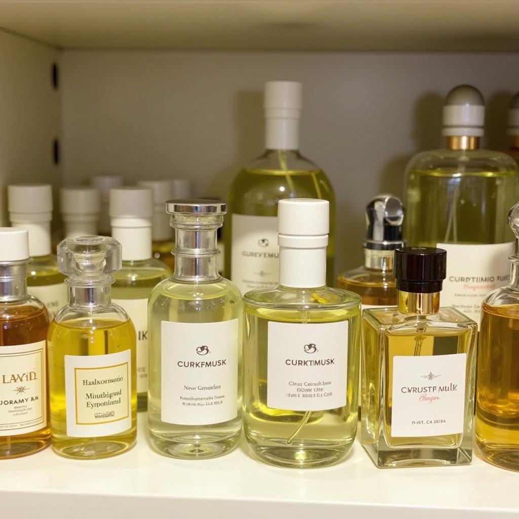 A collection of different citrus musk perfume bottles on a display shelf