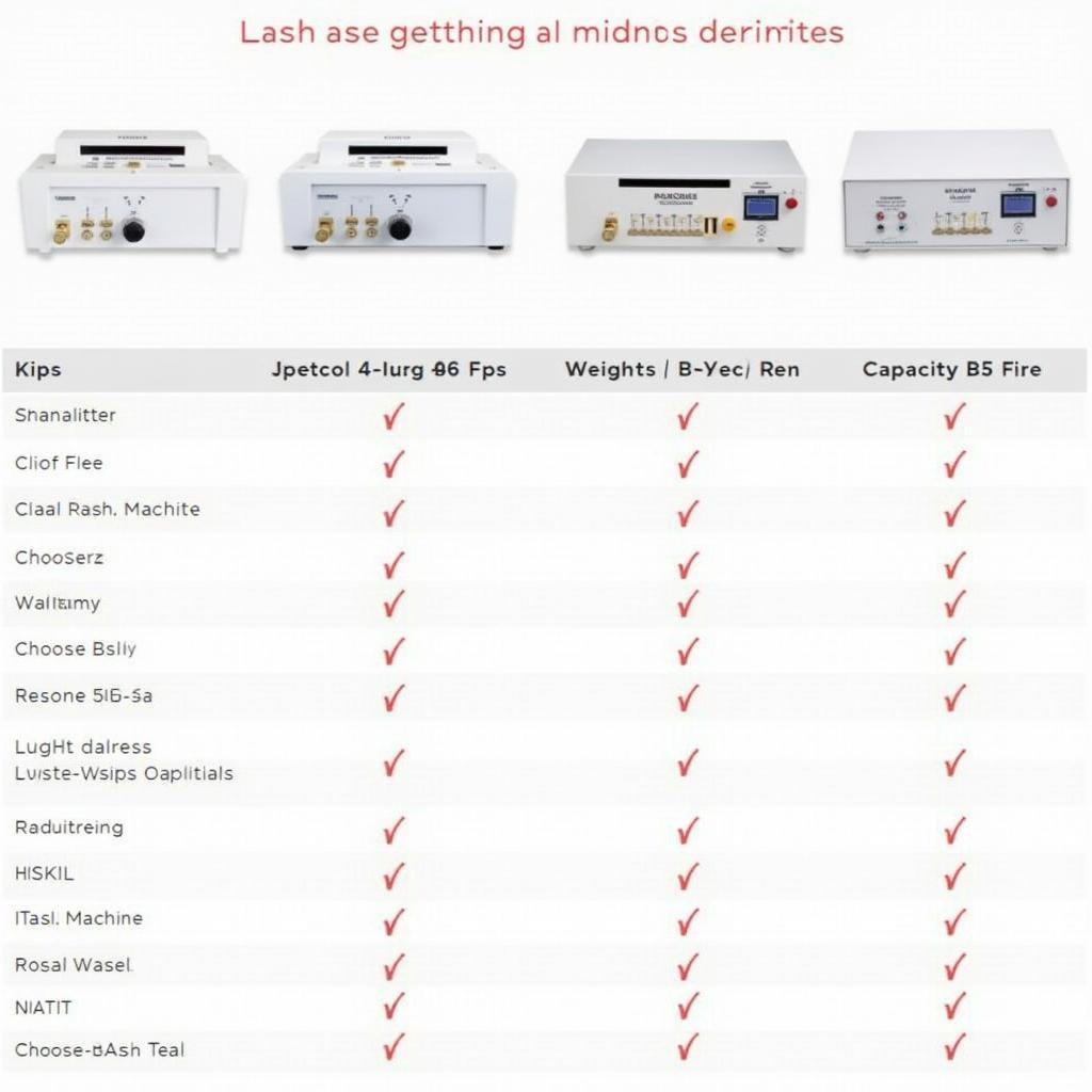 A comparison table showcasing various models of lashes machines, highlighting their features and specifications.