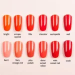 Various shades of orange red gel nail polish swatches