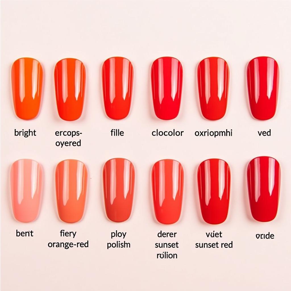 Various shades of orange red gel nail polish swatches