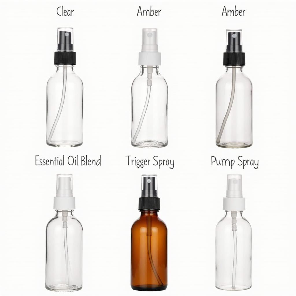 Different types of 2oz glass spray bottles: amber, clear, with different spray mechanisms