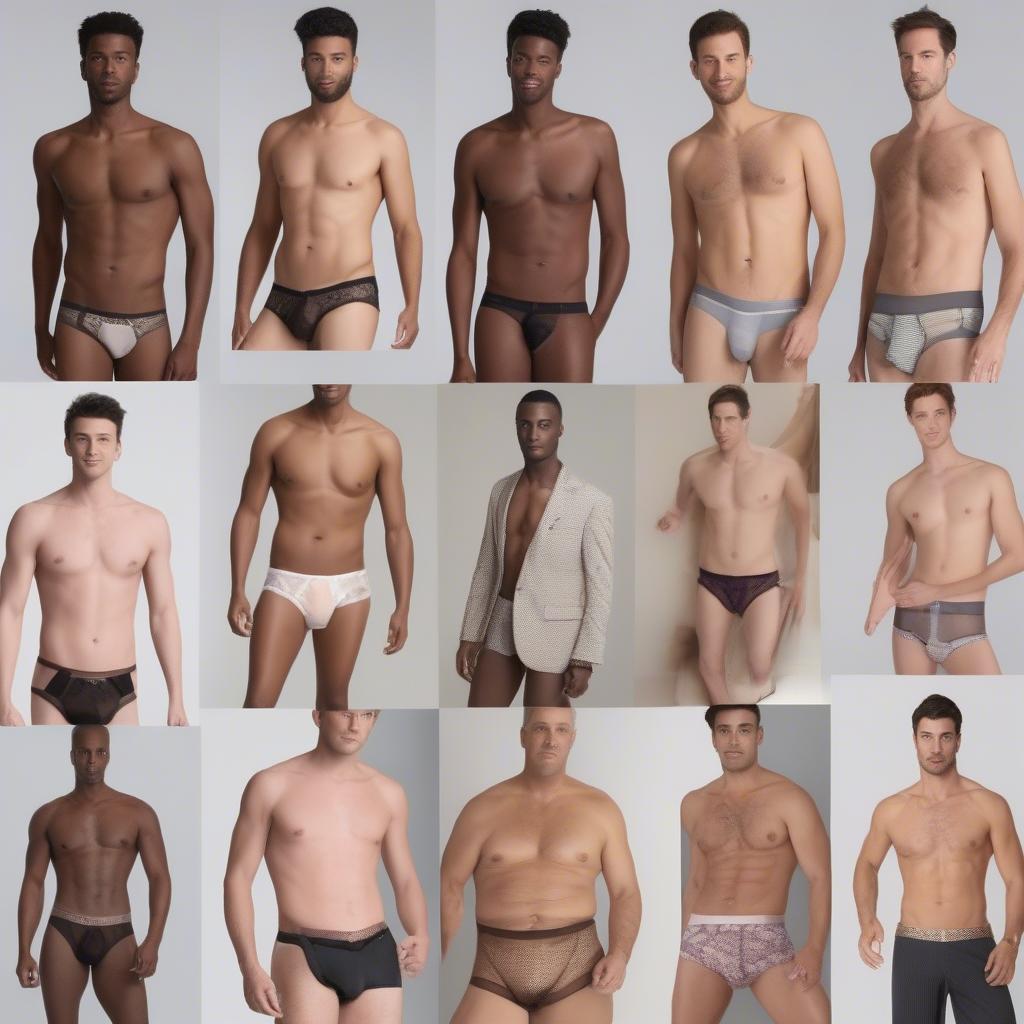 Various styles of men's lingerie, including robes, boxers, and briefs.