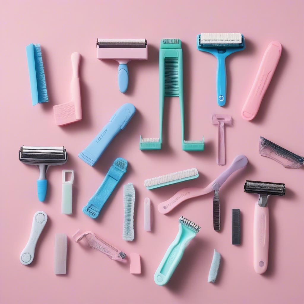 A variety of colorful disposable razors arranged on a pastel background.