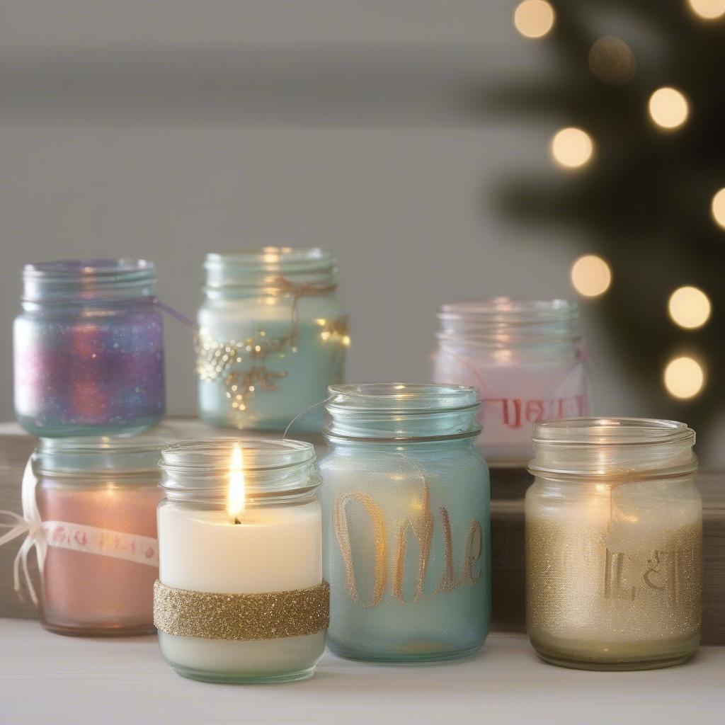 Examples of DIY holiday votives, including painted glass jars, decorated mason jars, and customized ceramic votives.