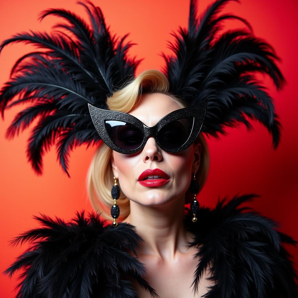 Feathered Cat-Eye Sunglasses on a Drag Queen