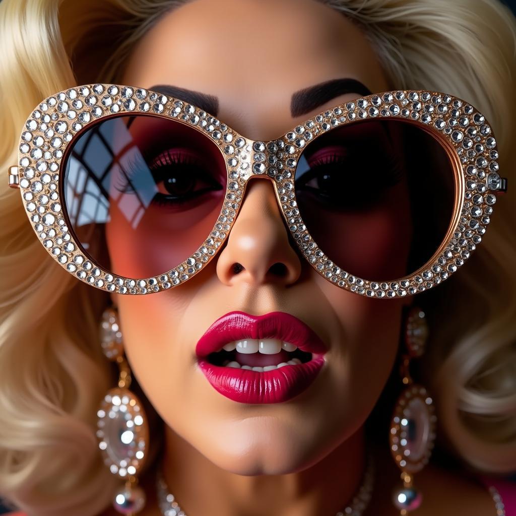 Oversized Rhinestone Sunglasses on a Drag Queen