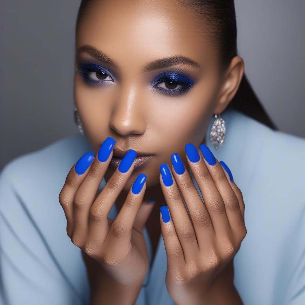 Electric blue nail varnish on different skin tones