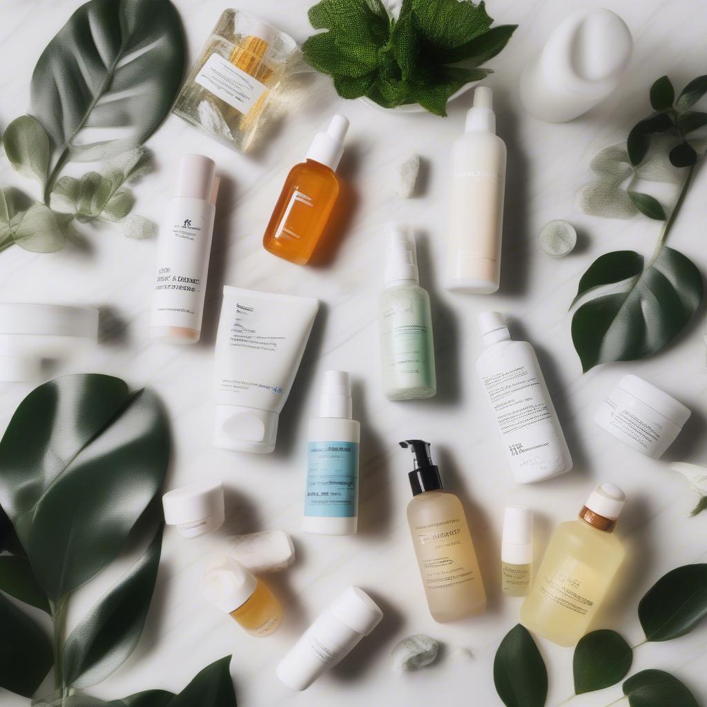 Various skincare products arranged on a table, showcasing different textures and colors.