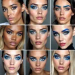 Eyebrow Blue Trend: Various shades and styles of blue eyebrows on different face shapes and skin tones.