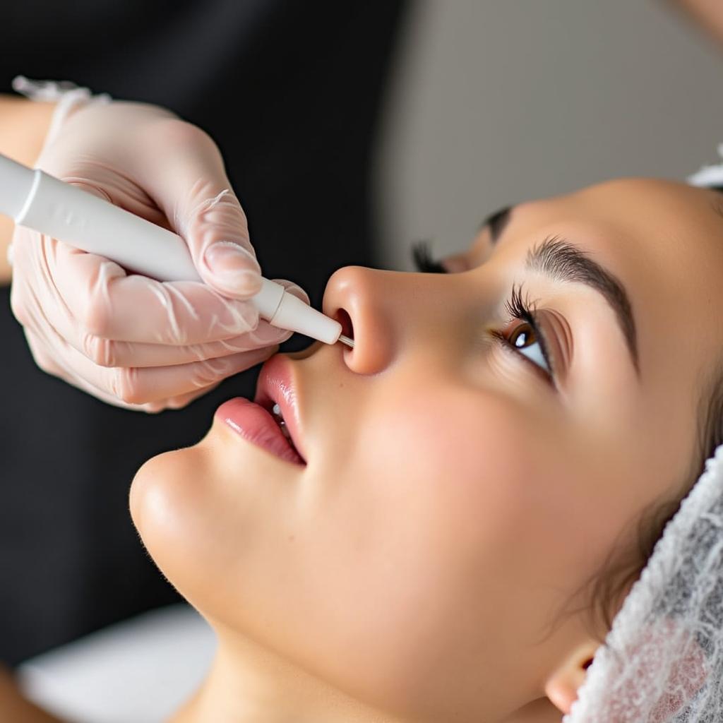 Close-up of an esthetician performing extractions on a client's nose