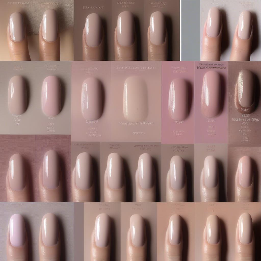 Nude gel nails on fair skin, showcasing various shades of pink and beige.