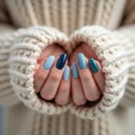 Fall Blue Nails with Cozy Sweater