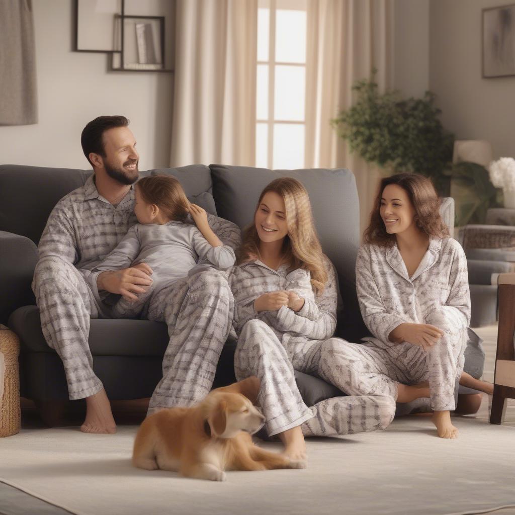 Family lounging in matching pajamas