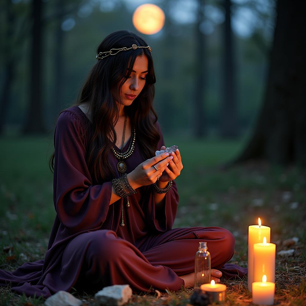 Witch performing a First Quarter Moon Ritual