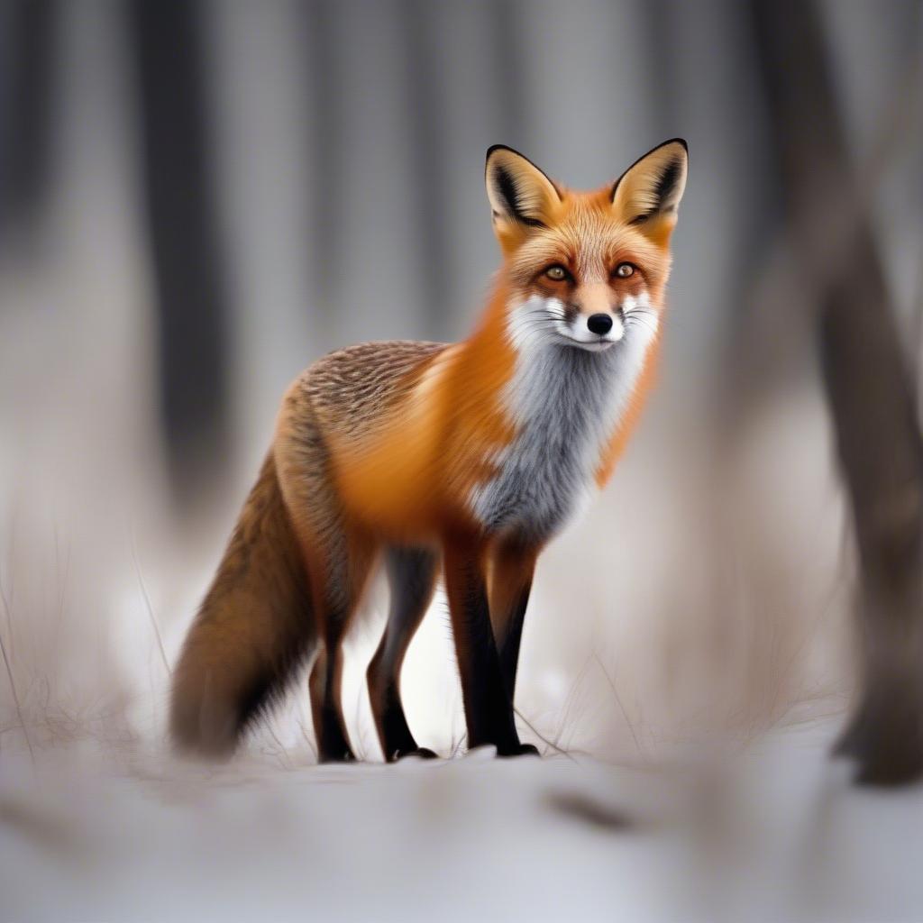 A red fox with a cunning glint in its eyes, standing in a forest at twilight.