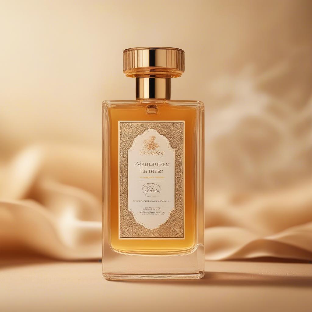 Close-up of a French lavender honey perfume bottle, showcasing its elegant design and the golden hue of the perfume.