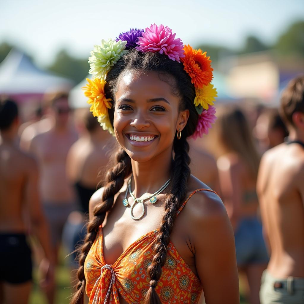 Woman with fresh flowers in her hair at a festival