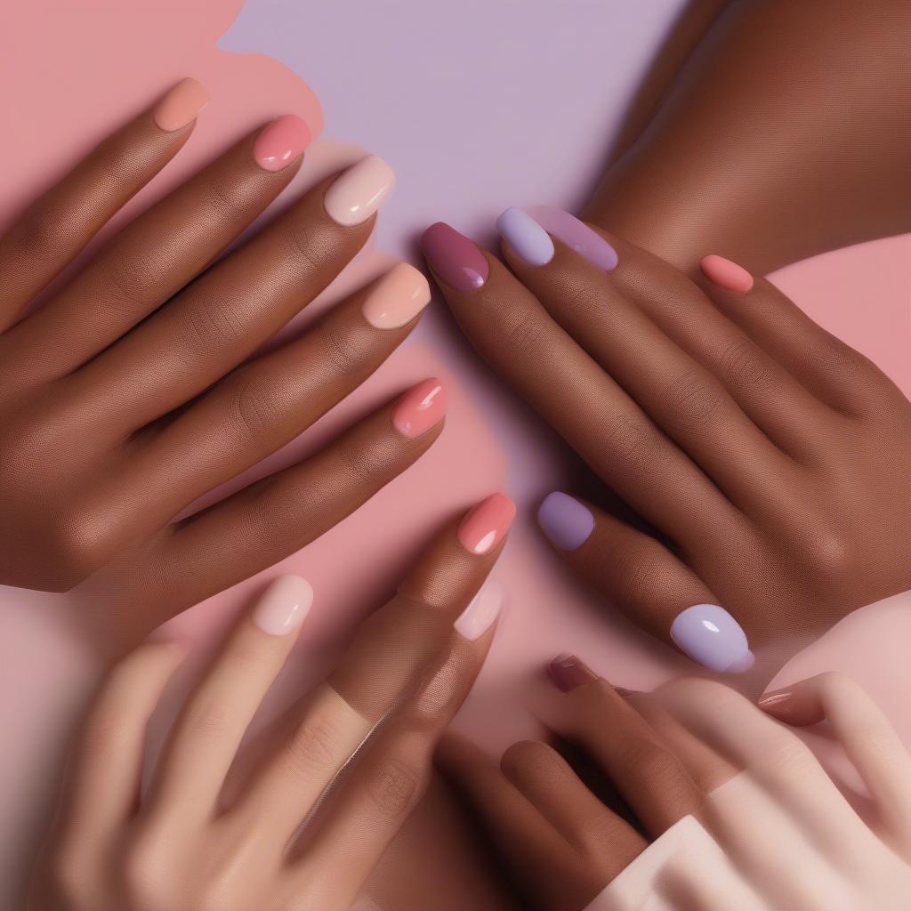 Choosing Gel Nail Colors for Different Skin Tones:  A split image showcasing gel nail color recommendations for fair, medium, and deep skin tones.