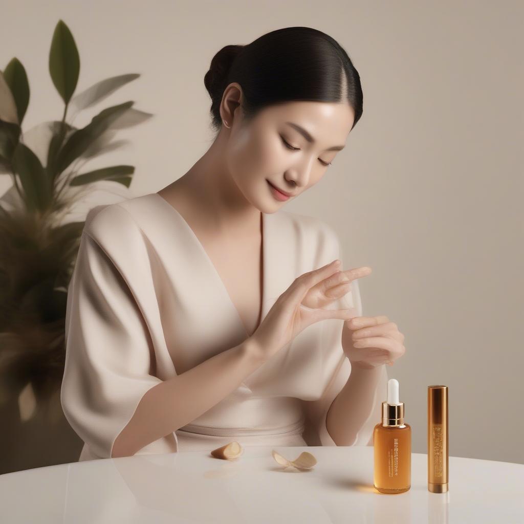 A woman applying a ginseng-infused serum to her face with a gentle, upward motion.  The serum bottle is visible in the background.